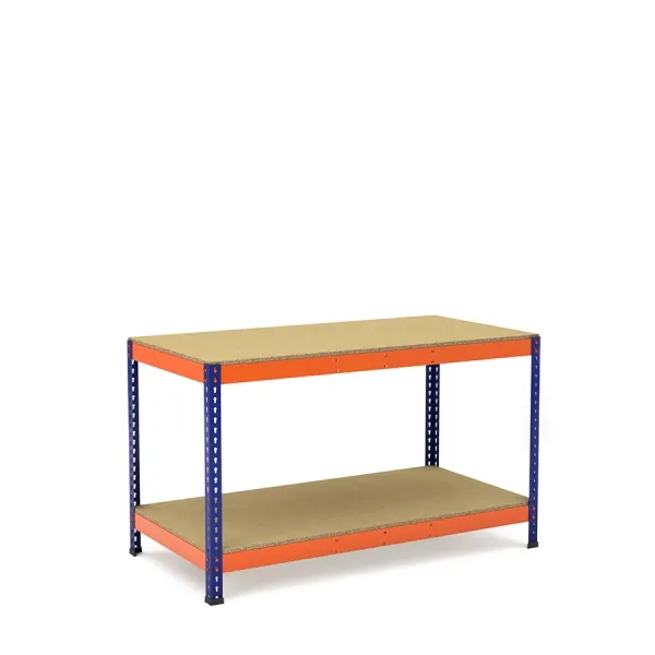 Mesa de trabajo azul y naranja con 2 bandejas de aglomerado Mesa de trabajo azul y naranja con 2 bandejas de aglomerado