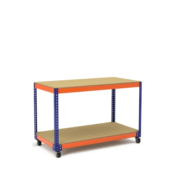 Mesa de trabajo con ruedas azul y naranja con 2 baldas de aglomerado