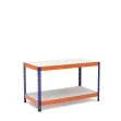 Mesa de trabajo azul y naranja con 2 bandejas de melamina sin cantear