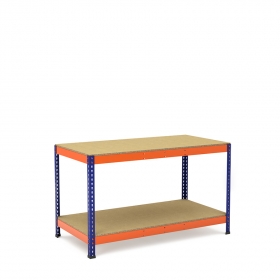 Mesa de trabajo azul y naranja con 2 bandejas de aglomerado Mesa de trabajo azul y naranja con 2 bandejas de aglomerado