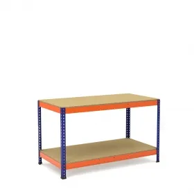 Mesa de trabajo azul y naranja con 2 bandejas de aglomerado