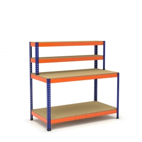 Mesa de trabajo azul y naranja con repisa y 2 bandejas de aglomerado