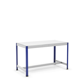 Mesa de trabajo con reposapiés azul y gris con melamina canteada